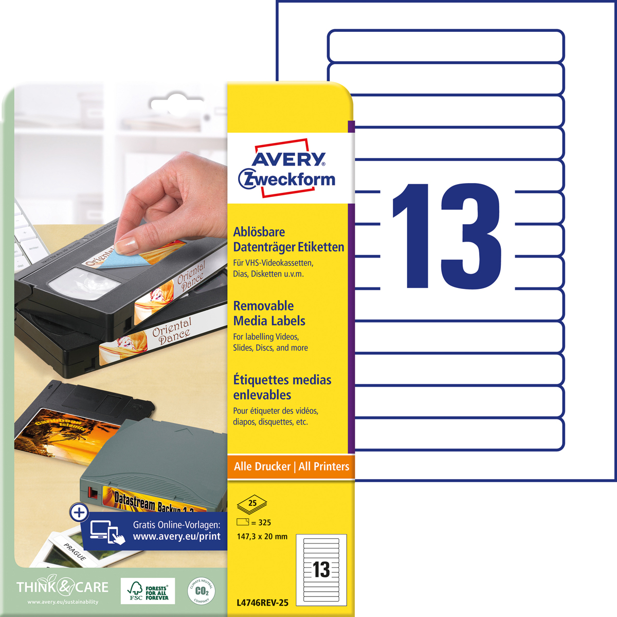 Avery Zweckform L4746REV-25 Etiketten für, VHS-Videokassetten, 147,3 x 20 mm, 25 Bogen/325