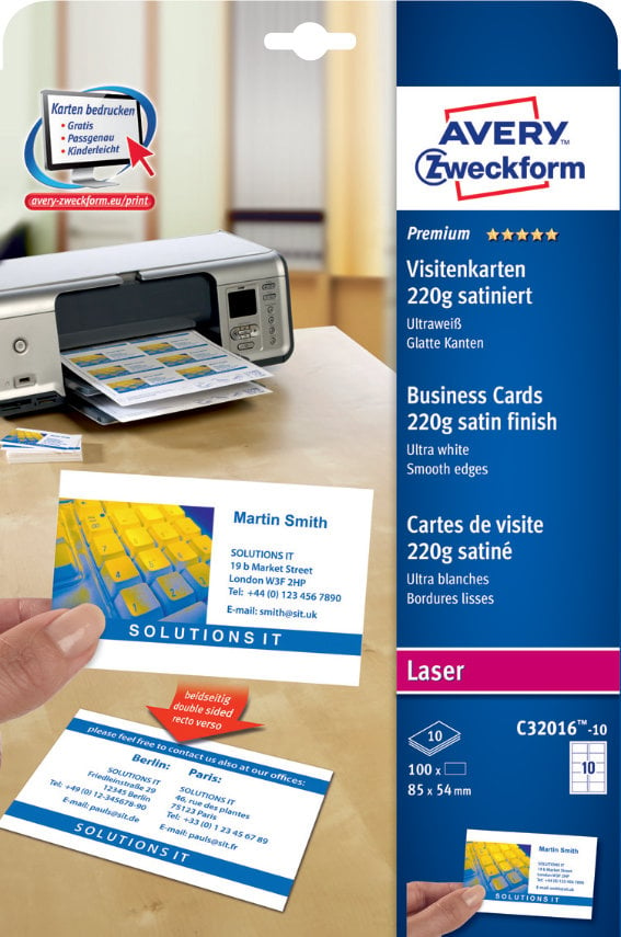 Avery Zweckform C32016-10 Premium Visitenkarten,, 85 x 54 mm, beidseitig beschichtet, 100 Karten /