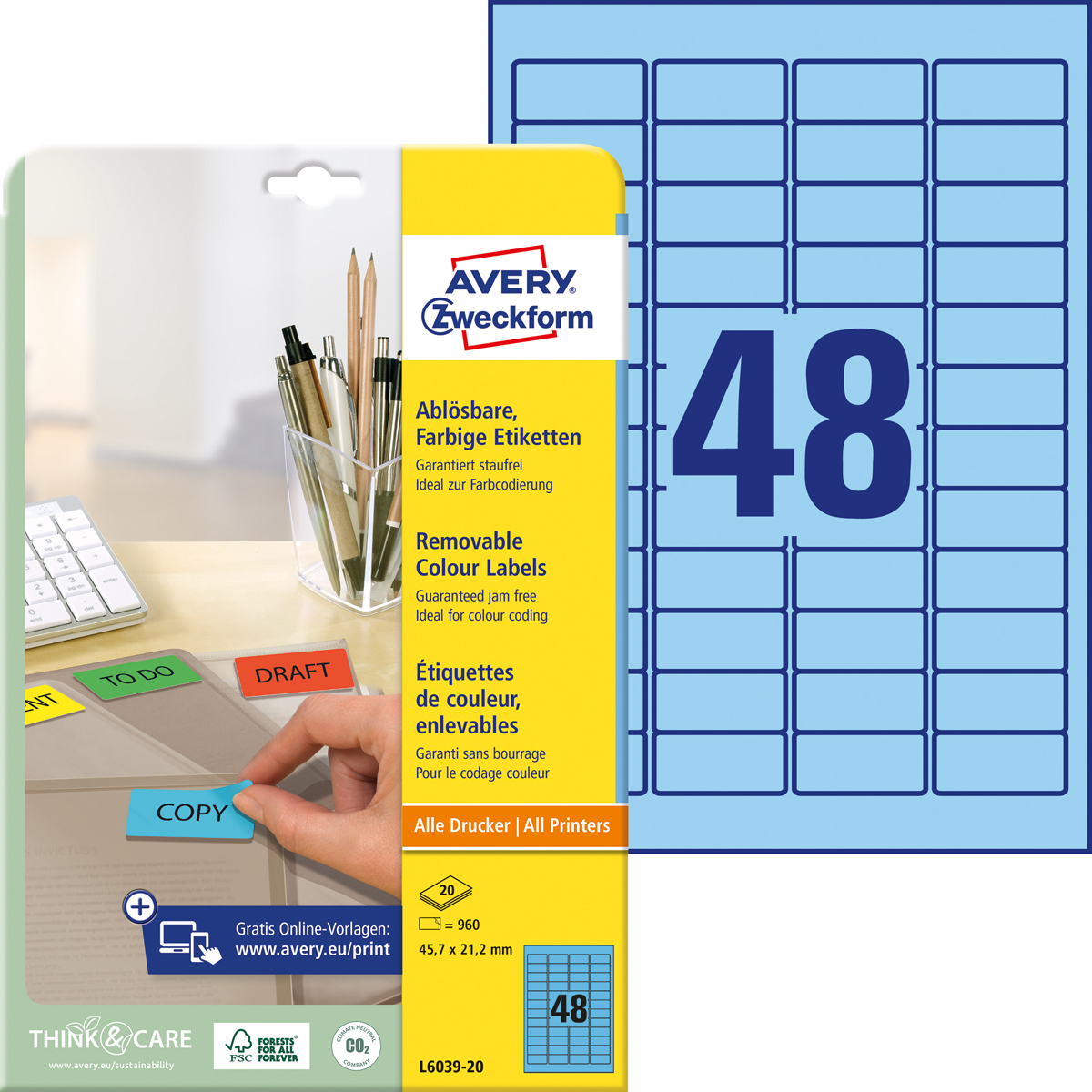 Avery Zweckform L6039-20 Farbige Etiketten, 45,7, x 21,2 mm, 20 Bogen/960 Etiketten, blau