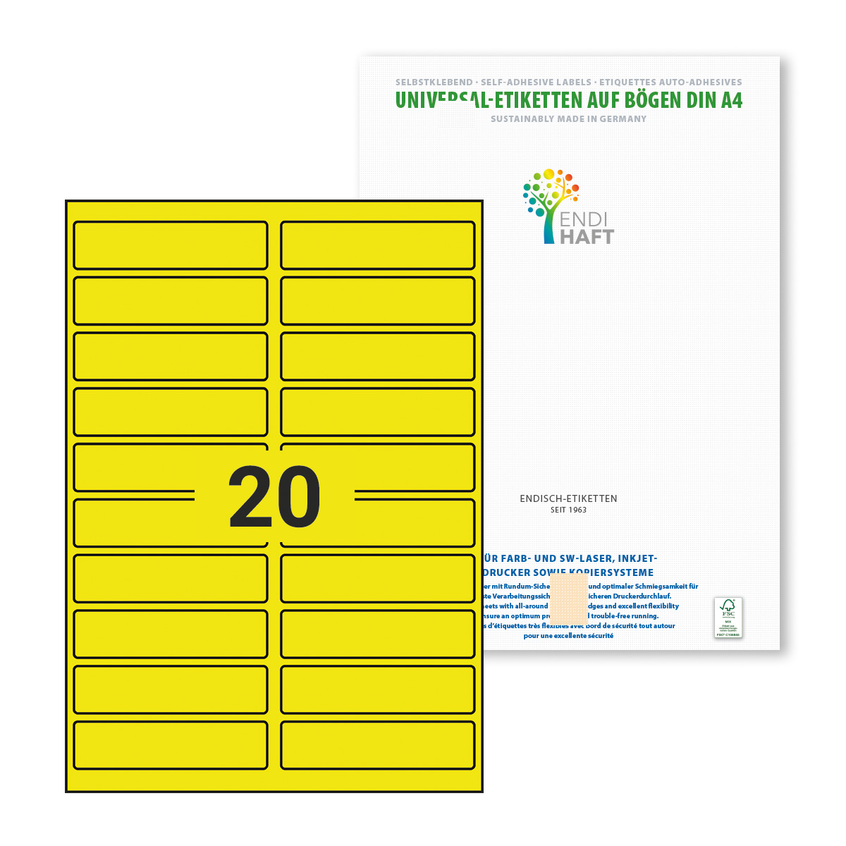ENDI-HAFT Etiketten, 96x27 mm, leucht-gelb, 1000 Etiketten, 50 Blatt A4/Pack