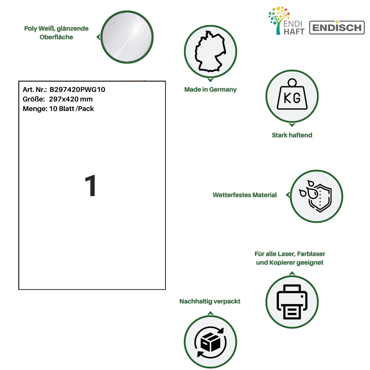 ENDI-HAFT Etiketten DIN A3,  poly weiß glänzend, 10 Etiketten/10 Bogen/Pack