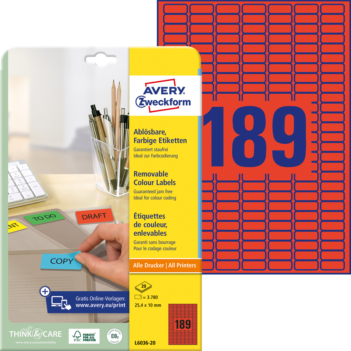 Avery Zweckform L6036-20 Farbige Etiketten, 25,4, x 10 mm, 20 Bogen/3.780 Etiketten, rot