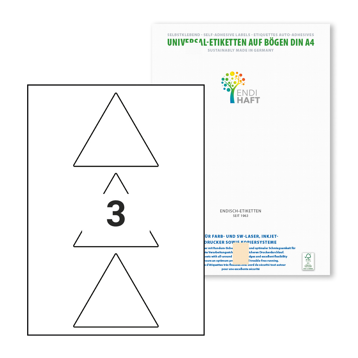 ENDI-HAFT Etiketten, 100mm, weiß ablös. Dreieck, 150 Etiketten, 50 Blatt A4/Pack
