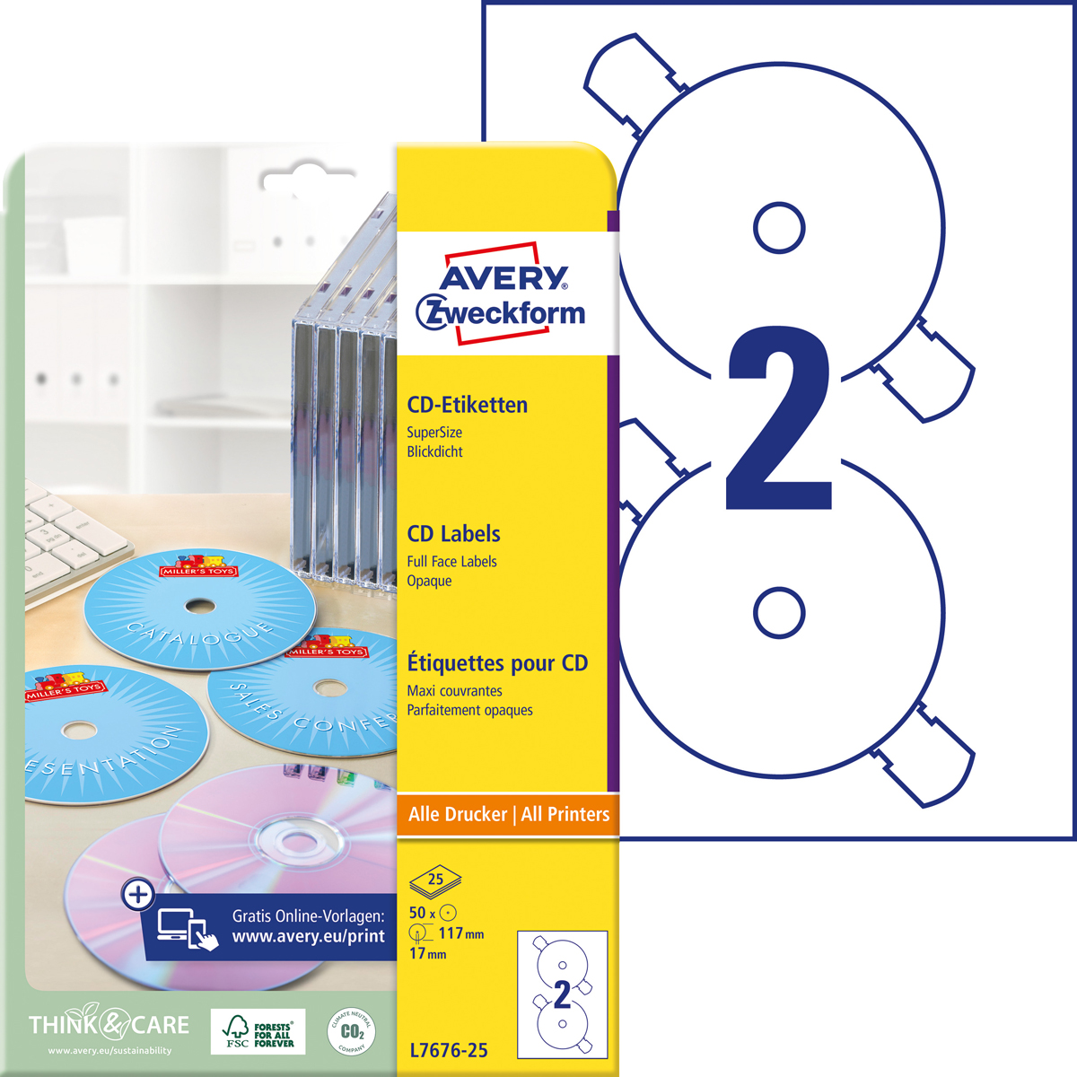 Avery Zweckform L7676-25 CD-Etiketten SuperSize,, Ø 117 mm, CDs, 25 Bogen/50 Etiketten, weiß
