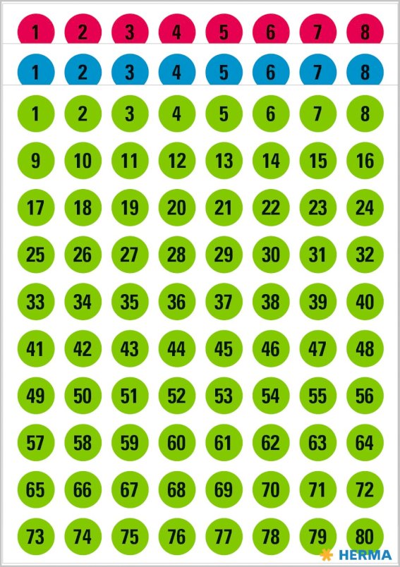 Zahlen Ø 8 mm 1-160 Papier farbig sortiert, schwarz 6 Bl.