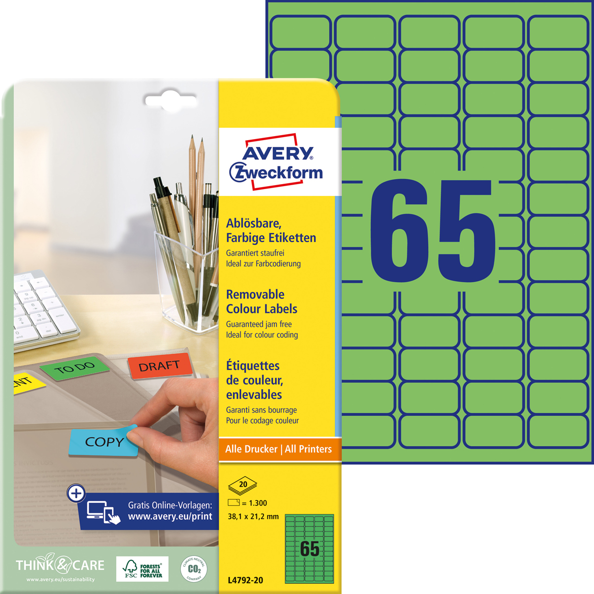 Avery Zweckform L4792-20 Farbige Etiketten,, 38,1 x 21,2 mm, 20 Bogen/1.300 Etiketten, grün