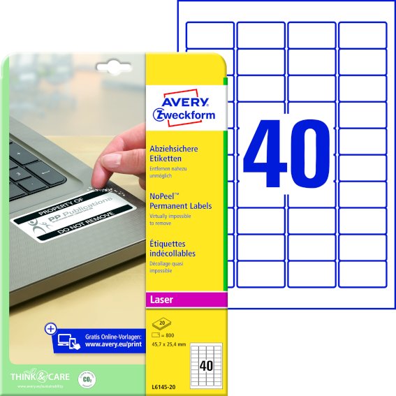 Avery Zweckform L6145-20 Abziehsichere Etiketten,, 45,7 x 25,4 mm, 20 Bogen/800 Etiketten, weiß