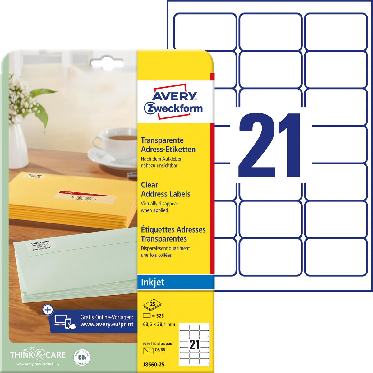 Avery Zweckform J8560-25 Adress-Etiketten, 63,5 x, 38,1 mm, C6 Kuverts, Deutsche Post INTERNETMARKE,