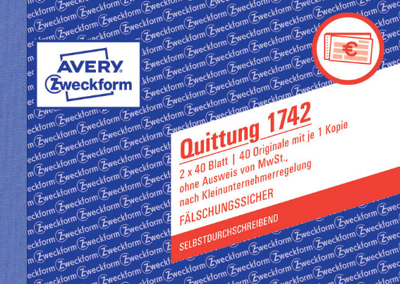 Avery Zweckform 1742 Quittung Kleinunternehmer, ohne MwSt., A6 quer, selbstdurchschreibend, 2x40