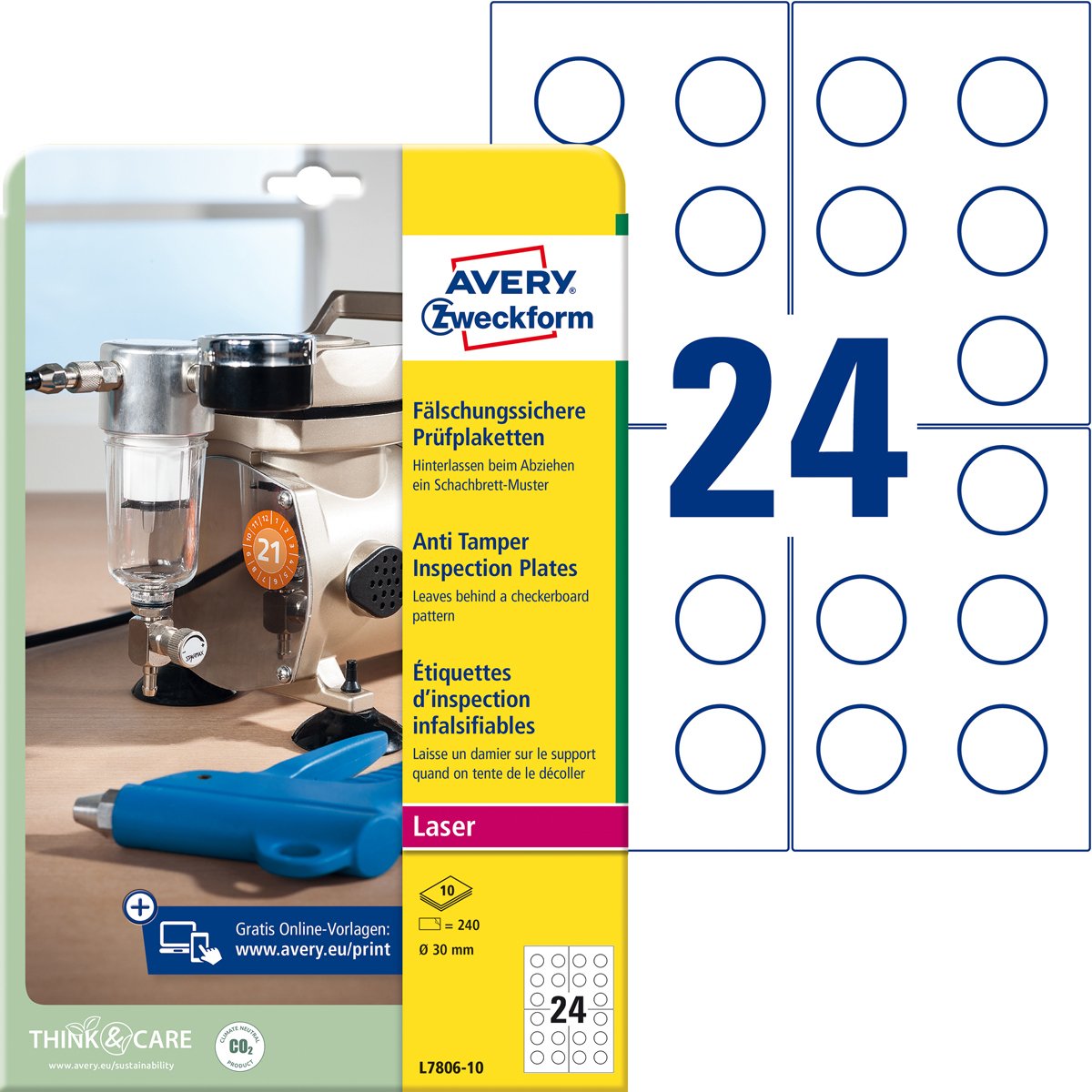 Avery Zweckform L7806-10 Prüfplaketten, Ø 30 mm,, 10 Bogen/240 Etiketten, weiß