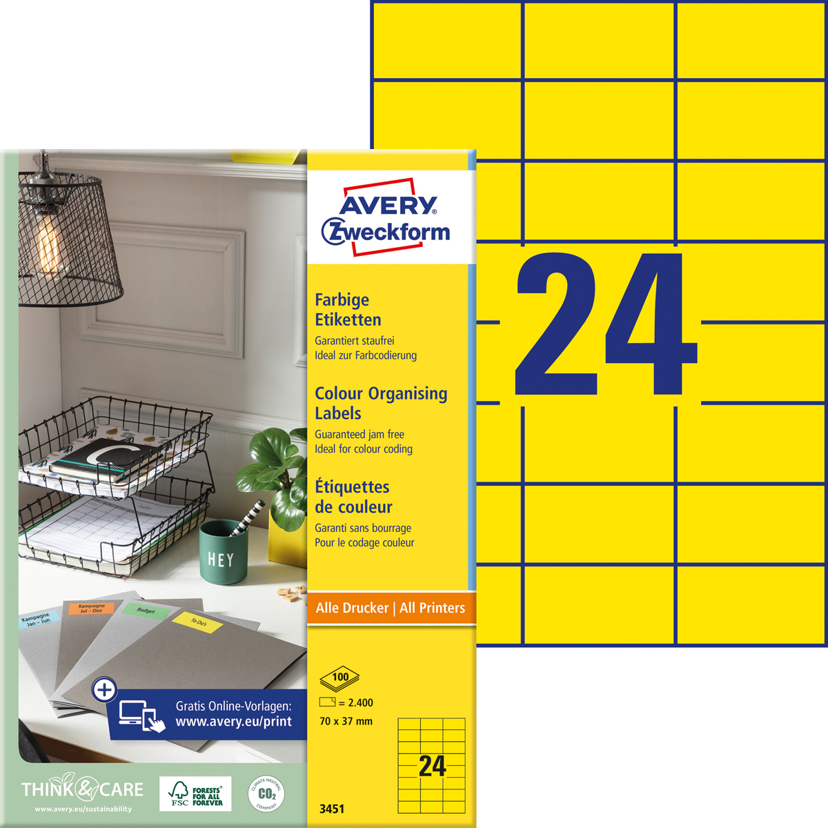 Avery Zweckform 3451 Farbige Etiketten, 70 x 37, mm, 100 Bogen/2.400 Etiketten, gelb