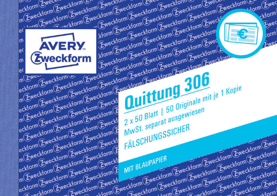 Avery Zweckform 306 Quittung MwSt. separat, ausgewiesen, A6 quer, mit Blaupapier, 2x50 Blatt