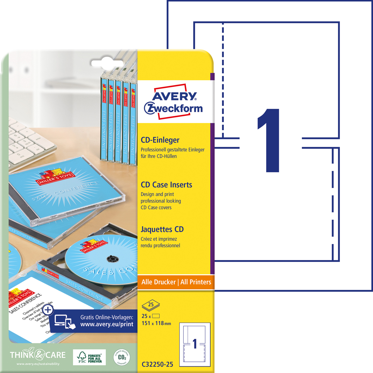 Avery Zweckform C32250-25 CD-Einleger, 151 x 118, mm, CDs, 25 Bogen/25 Stück, weiß