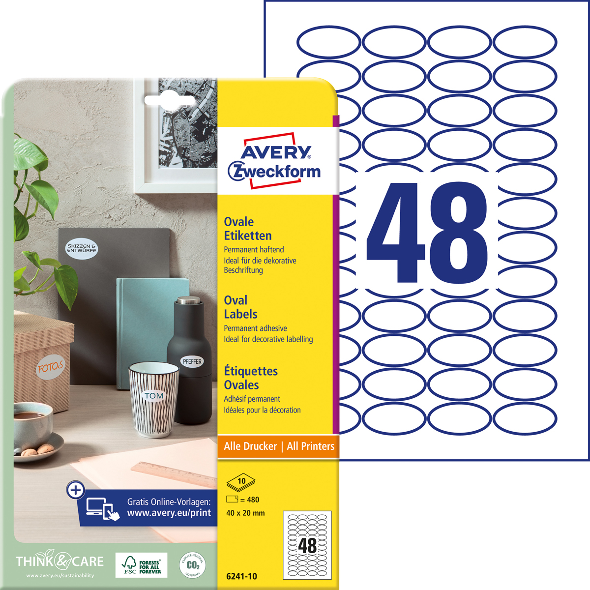 Avery Zweckform 6241-10 Etiketten, 40 x 20 mm, 480 Etiketten, 10 Bogen weiß permanent