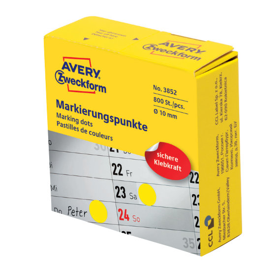 Avery Zweckform 3852 Markierungspunkte, Ø 10 mm,, 1 Rolle/800 Etiketten, gelb