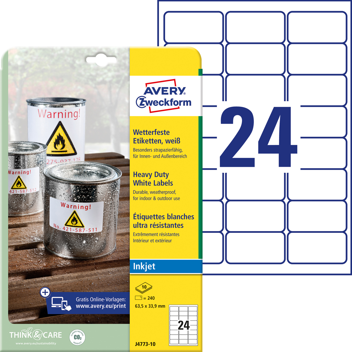 Avery Zweckform J4773-10 Wetterfeste, Folien-Etiketten, 63,5 x 33,9 mm, 10 Bogen/240