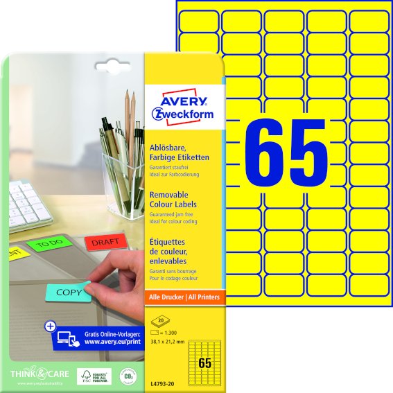Avery Zweckform L4793-20 Farbige Etiketten, 38,1, x 21,2 mm, 20 Bogen/1.300 Etiketten, gelb