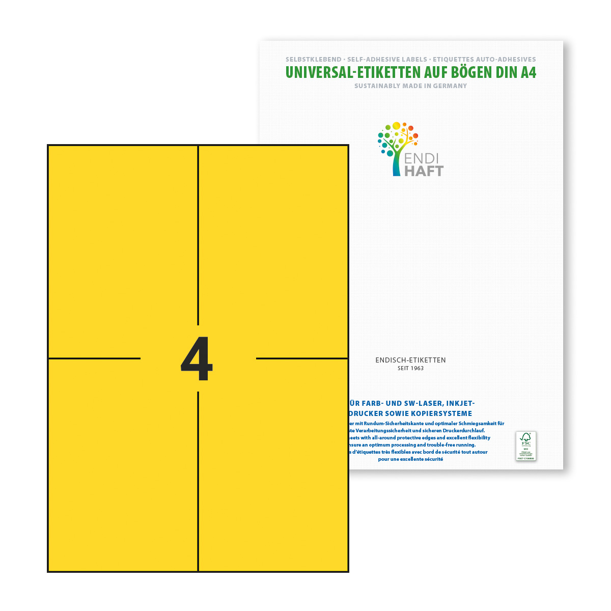 ENDI-HAFT Etiketten, 105x148 mm, gelb, 200 Etiketten, 50 Blatt A4/Pack