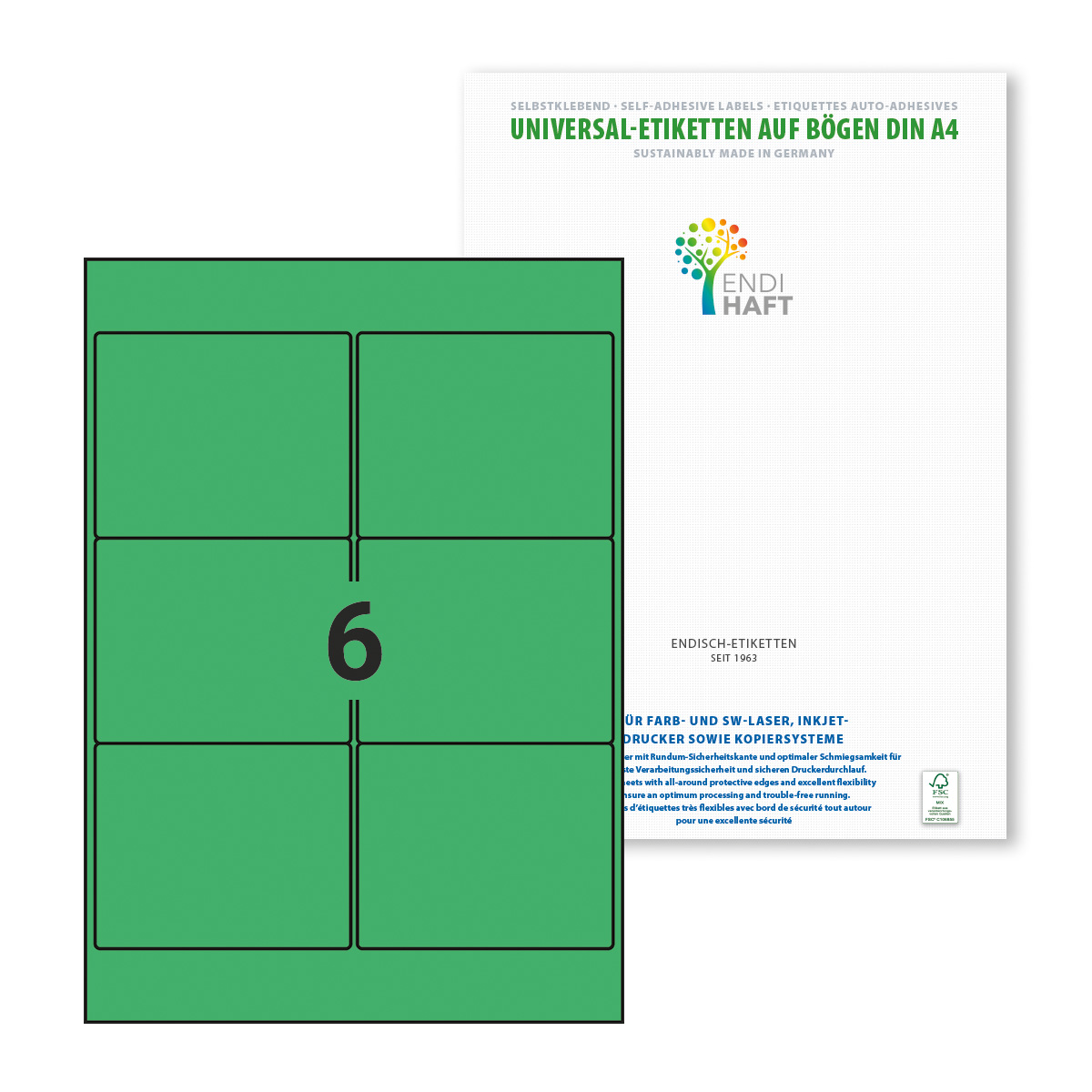 ENDI-HAFT Etiketten, 100x80 mm, grün, 300 Etiketten, 50 Blatt A4/Pack