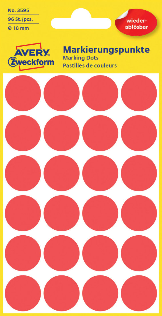Avery Zweckform 3595 Markierungspunkte, Ø 18 mm,, 4 Bogen/416 Etiketten, rot