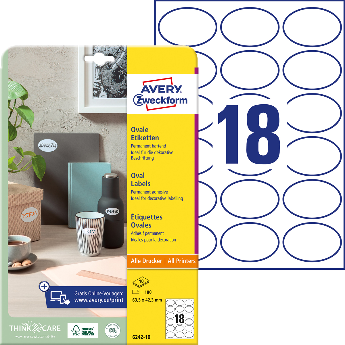 Avery Zweckform 6242-10 Etiketten, 63,5 x 42,3 mm, 180 Etiketten, 10 Bogen weiß permanent