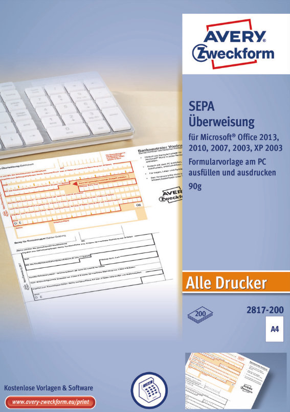 Avery Zweckform 2817-200 Überweisung/Zahlschein,, PC-Druckerformular, A4, 200 Blatt