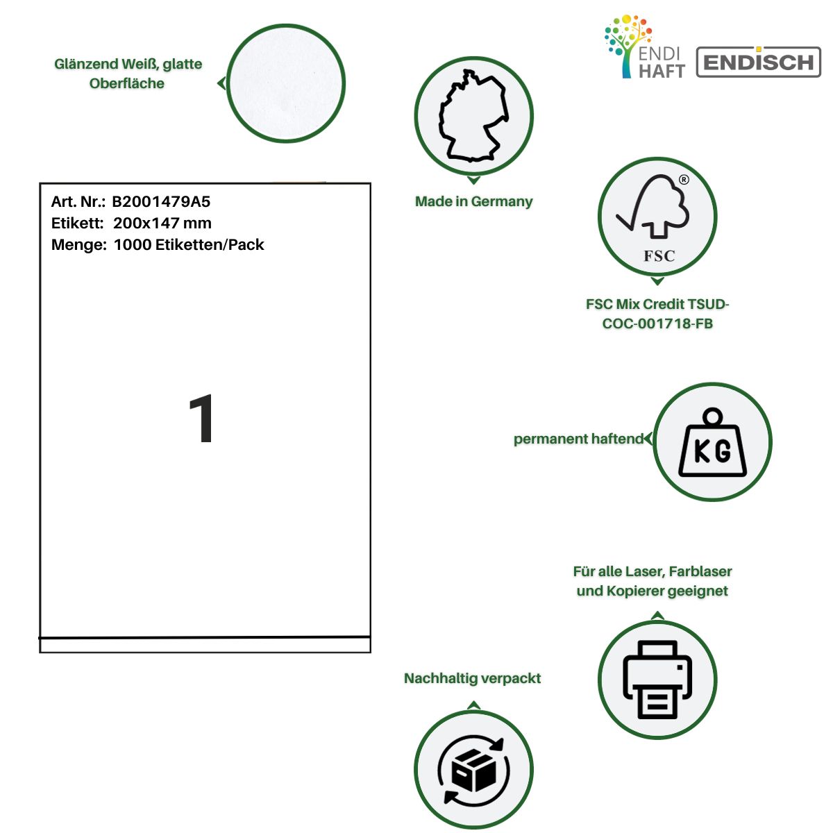 ENDI-HAFT Etiketten, Etikettenbögen DIN A5, weiß, glänzend, 1000 Etiketten, 1000 Blatt/Pack