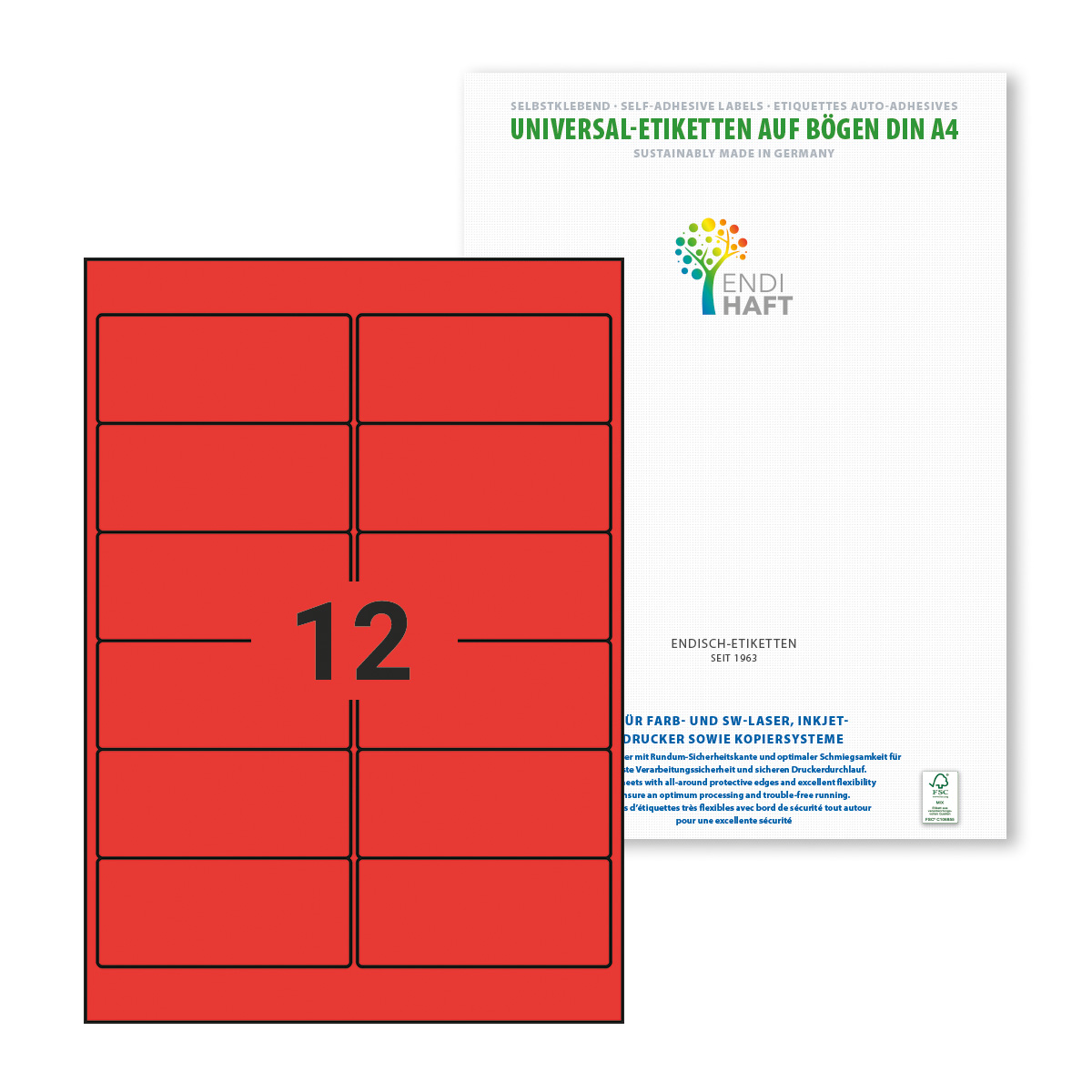 ENDI-HAFT Etiketten, 99,1x42,3 mm, leucht-rot, 600 Etiketten, 50 Blatt A4/Pack