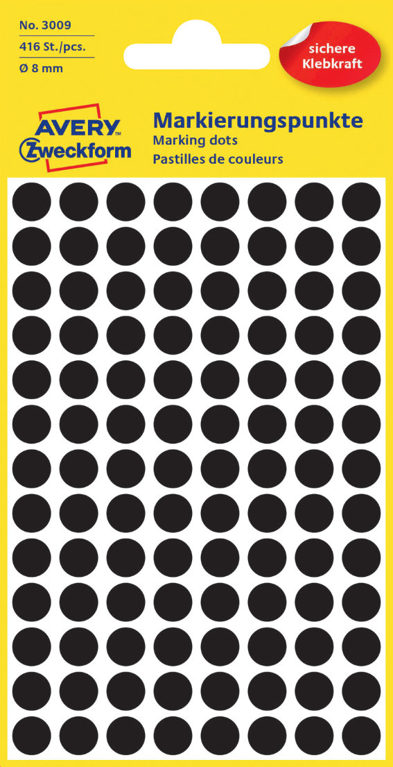 Avery Zweckform 3009 Markierungspunkte, Ø 8 mm, 4, Bogen/416 Etiketten, schwarz