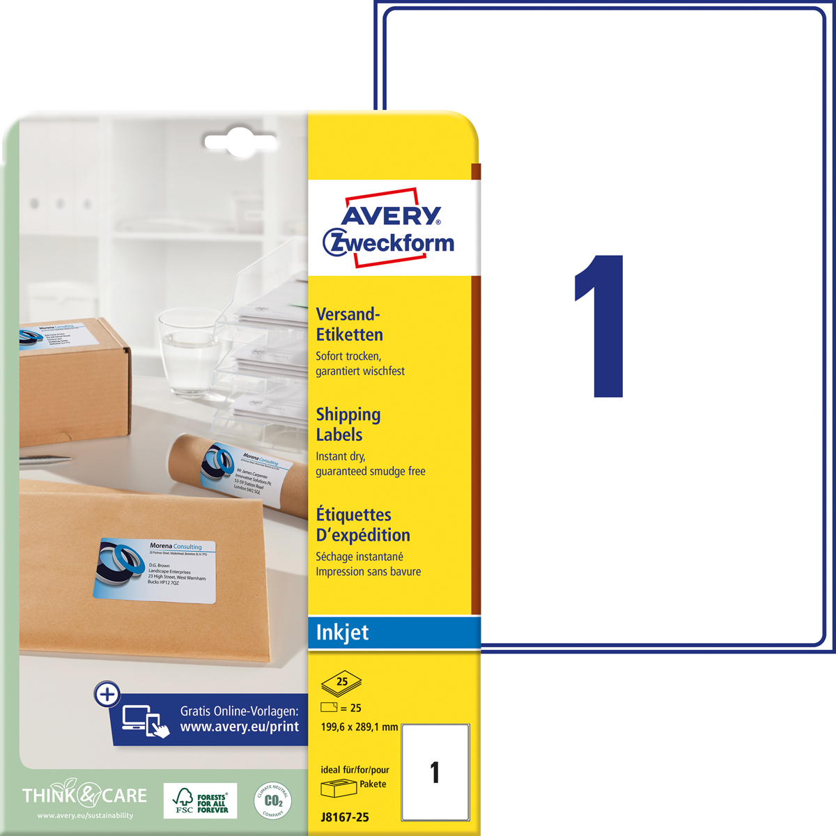 Avery Zweckform J8167-25 Versandetiketten, 199,6, x 289,1 mm, Pakete und Päckchen, 25 Bogen/25