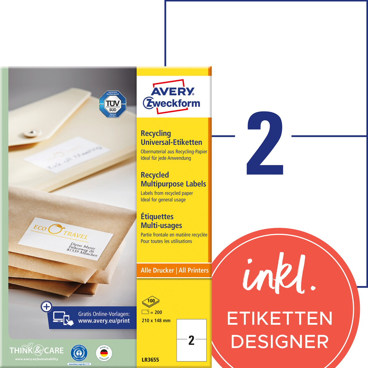Avery Zweckform LR3655 Recycling, Universal-Etiketten, 210 x 148 mm, 100 Bogen/200