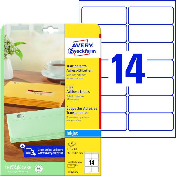 Avery Zweckform J8563-25 Adress-Etiketten, 99,1 x, 38,1 mm, DIN lang Kuverts, 25 Bogen/350 Etiketten