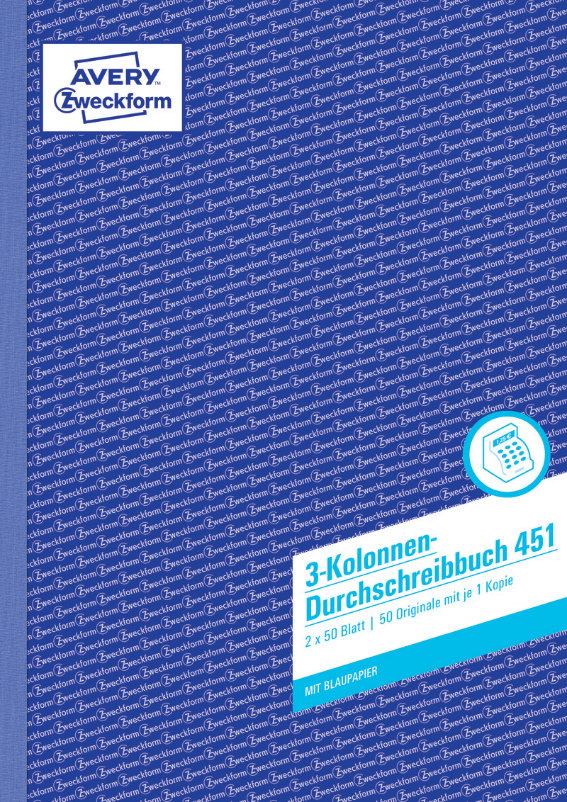 Avery Zweckform 451 Kolonnen-Durchschreibbuch, 3, Kolonnen, A4, mit Blaupapier, 2x50 Blatt