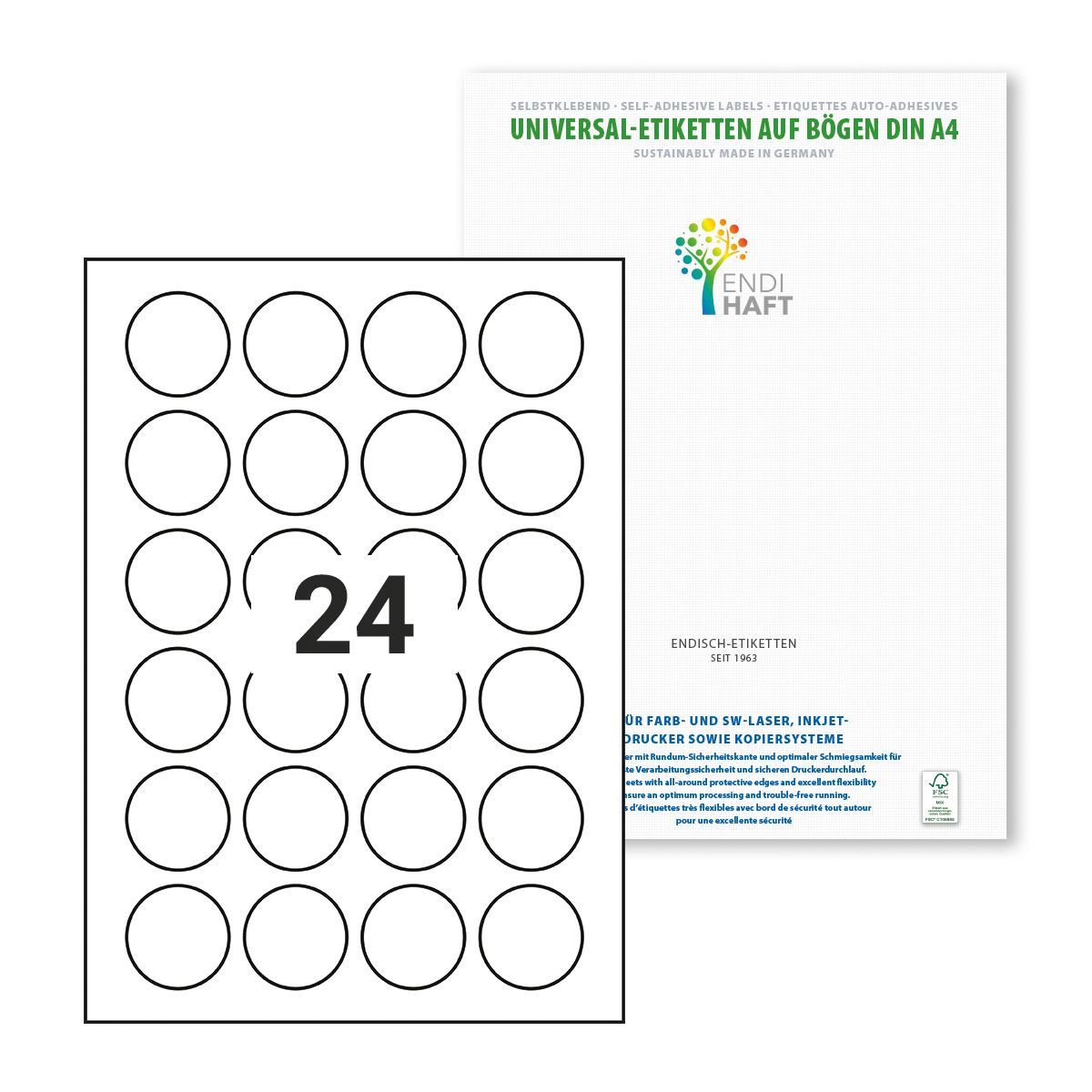 ENDI-HAFT Etiketten, 40 mm rund, weiß, 2400 Etiketten, 100 Blatt A4/Pack
