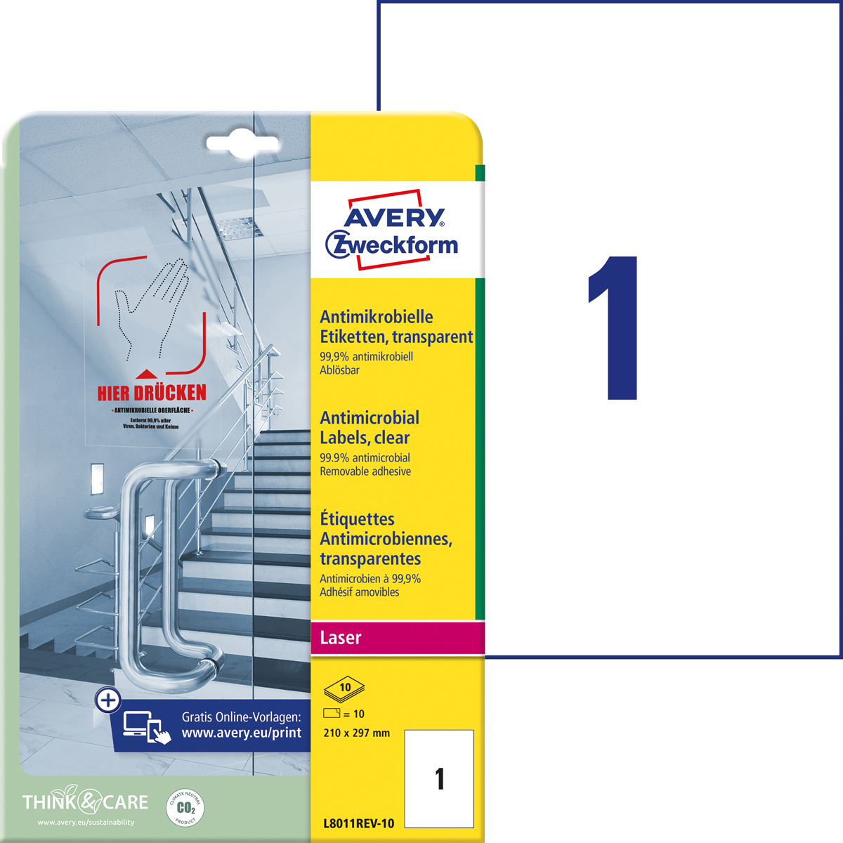 Avery ZweckformL8011REV-10 Antimikrobielle Etiketten, 210x297 mm, 10 Bogen/10 Etiketten, ablösbar trans.