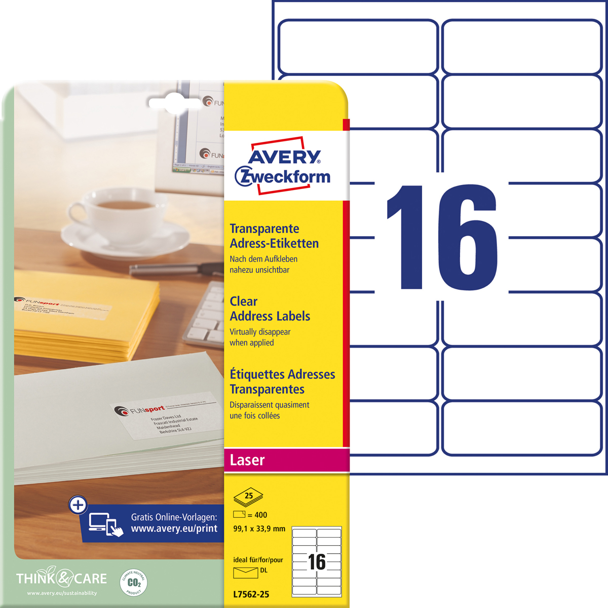 Avery Zweckform L7562-25 Adress-Etiketten, 99,1 x, 33,9 mm, DIN lang Kuverts, 25 Bogen/400 Etiketten