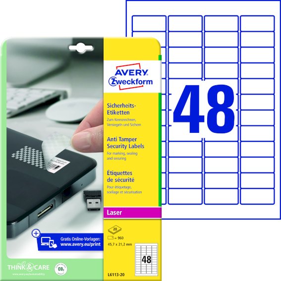Avery Zweckform L6113-20 Sicherheits-Etiketten,, 45,7 x 21,2 mm, 20 Bogen/960 Etiketten, weiß