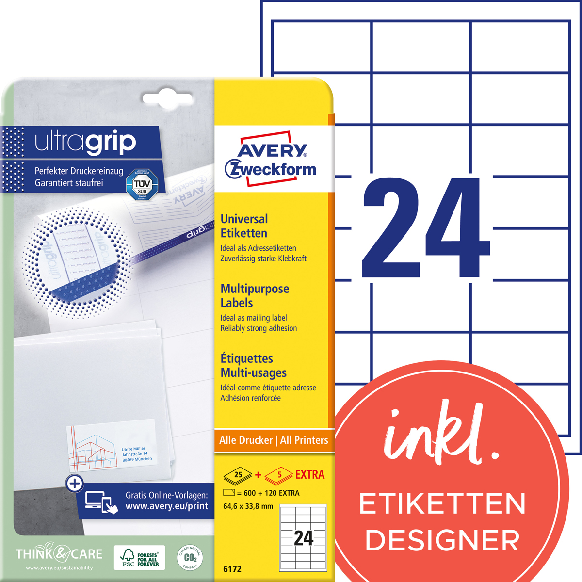 Avery Zweckform 6172 Universal-Etiketten, 64,6 x 33,8 mm, 720 Etiketten / 30 Bogen, weiß
