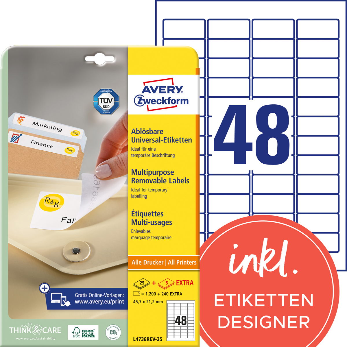 Avery Zweckform L4736REV-25 Universal-Etiketten, 45,7 x 21,2 mm, 30 Bogen/1.440 Etiketten, weiß
