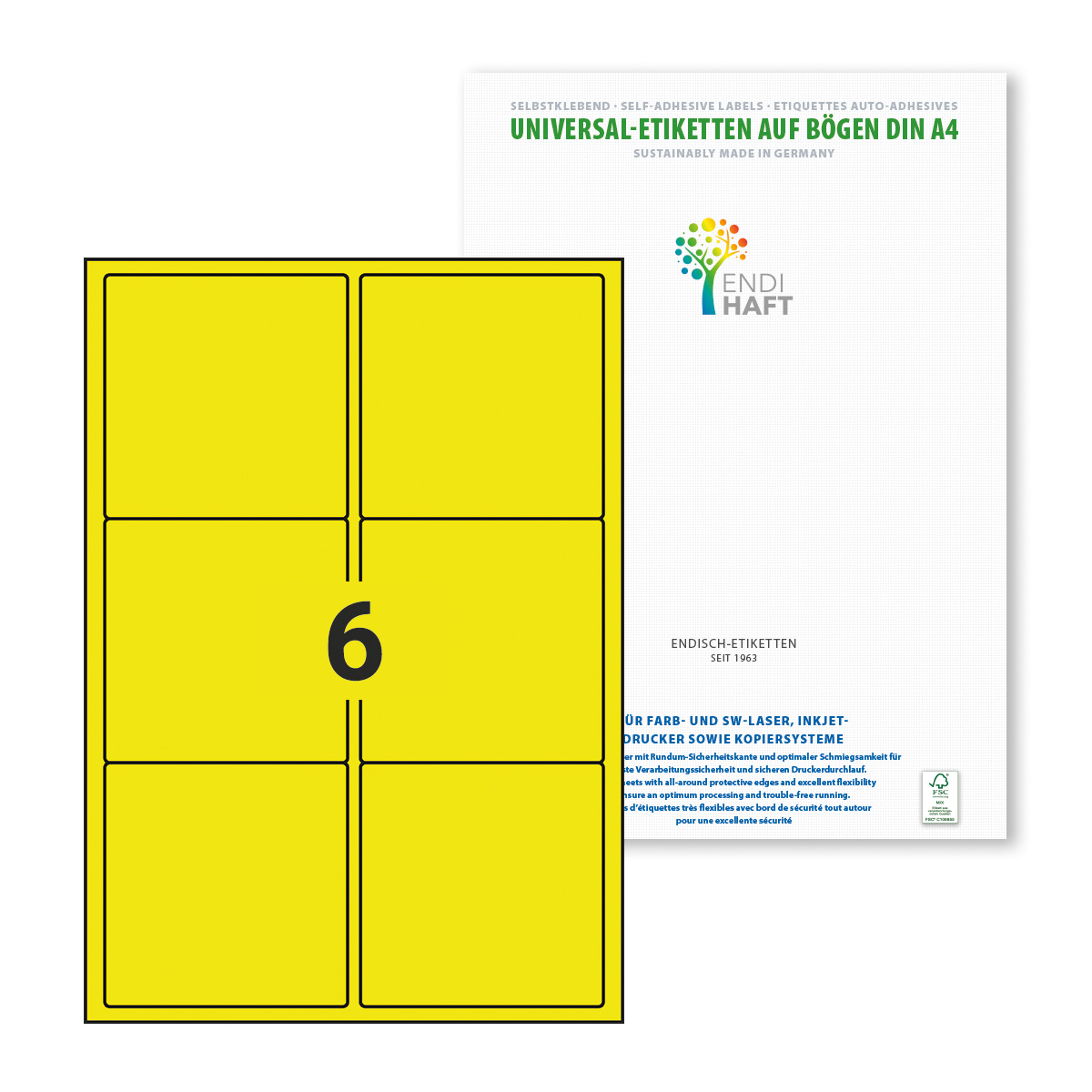 ENDI-HAFT Etiketten, 95x95 mm, leucht-gelb, 300 Etiketten, 50 Blatt A4/Pack