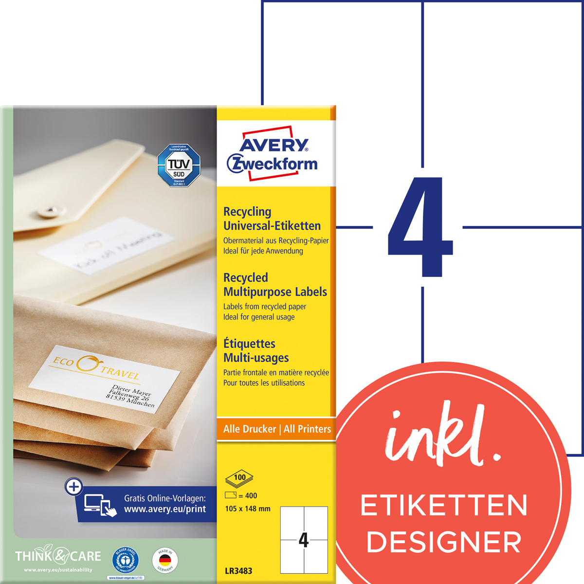 Avery Zweckform LR3483 Recycling, Universal-Etiketten, 105 x 148 mm, Deutsche Post
