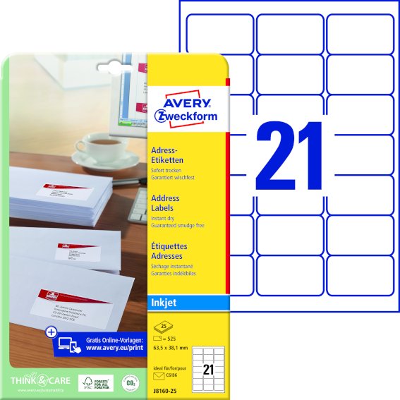 Avery Zweckform J8160-25 Adress-Etiketten, 63,5 x, 38,1 mm, C6 Kuverts, Deutsche Post INTERNETMARKE,