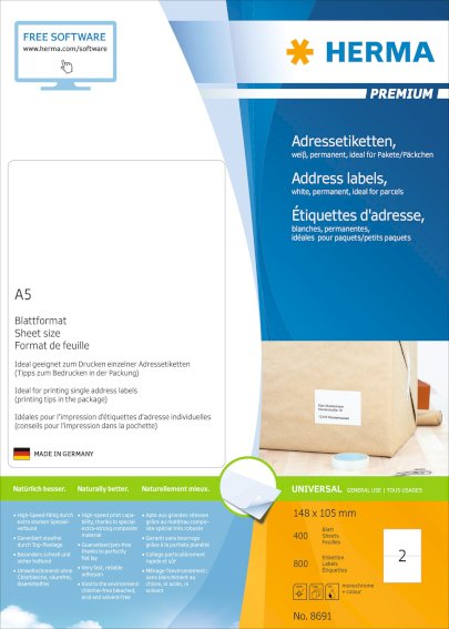 Adressetiketten Premium Blattformat A5 105x148 mm, weiß Papier matt 800 St.