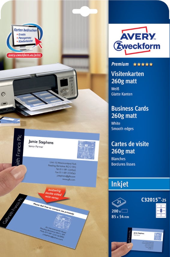 Avery Zweckform C32015-25 Premium Visitenkarten,, 85 x 54 mm, beidseitig beschichtet, 200 Karten /