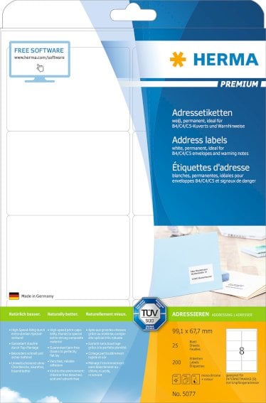 Adressetiketten Premium A4 99,1x67,7 mm weiß, Papier matt 200 St.