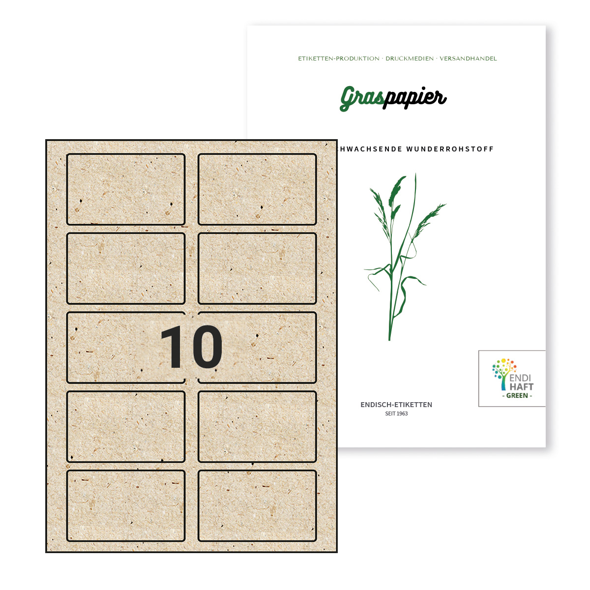 ENDI-HAFT Graspapier-Etiketten, 85x50,6 mm, 100 Etiketten, 10 Blatt DIN A4 / Pack