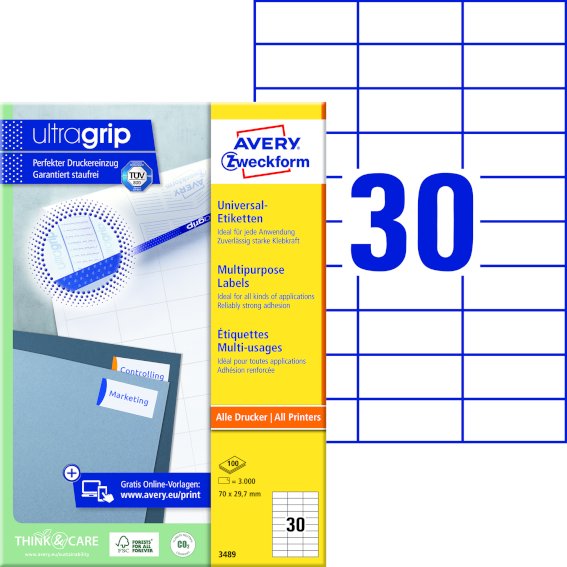 Avery Zweckform 3489 Universal-Etiketten,, 70 x 29,7 mm, 3.000 Etiketten / 100 Bogen, weiß