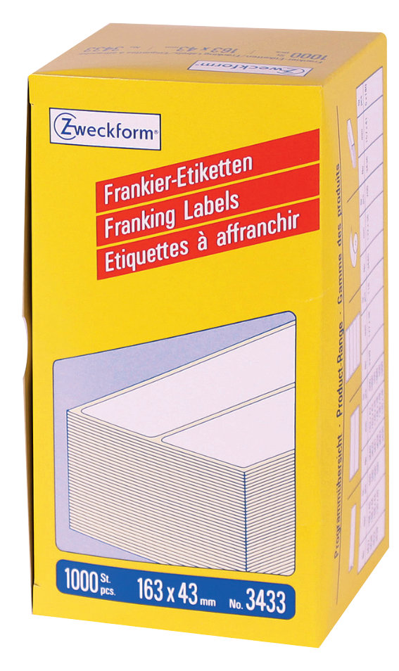 Avery Zweckform 3433 Frankier-Etiketten, 163 x 43, mm, 1 Pack/1.000 Etiketten, weiß