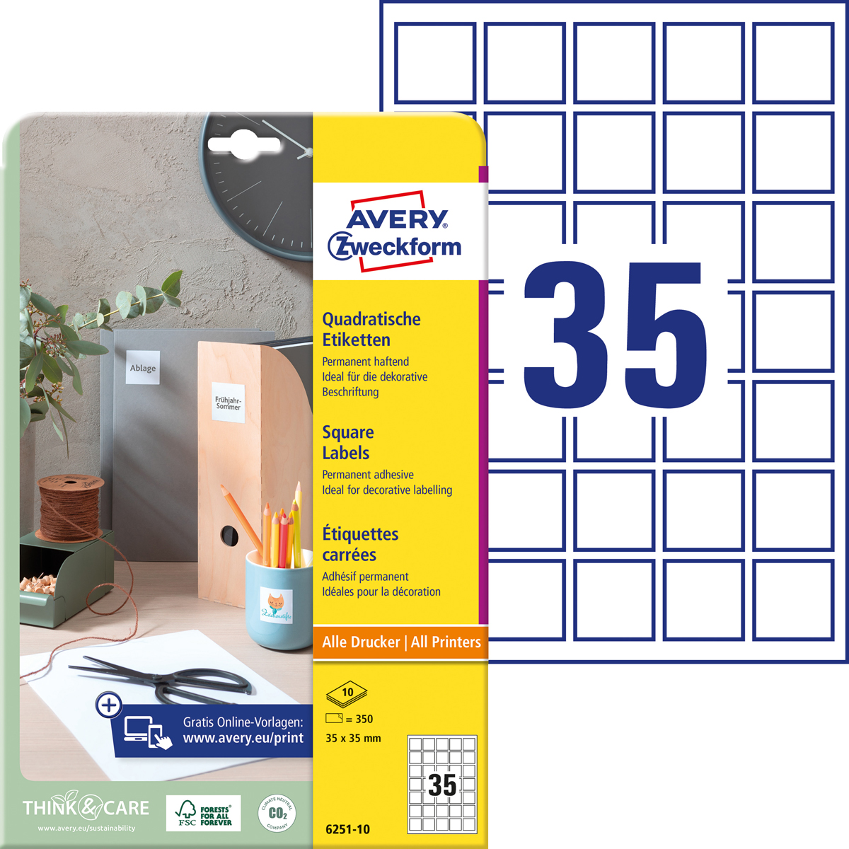 Avery Zweckform 6251-10 Etiketten, 35 x 35 mm, 350 Etiketten, 10 Bogen weiß permanent
