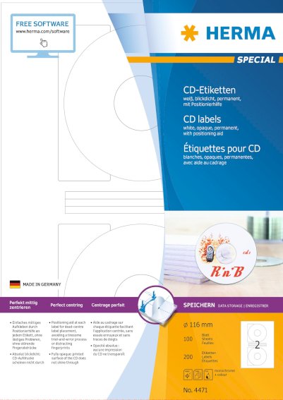 CD-Etiketten A4 Ø 116 mm weiß Papier matt, blickdicht 200 St.